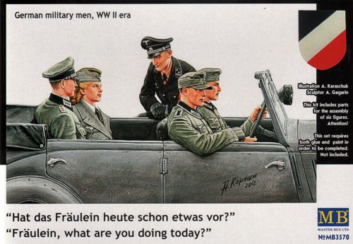 German WWII staff car passengers. 3 seated men. I seated woman. ! standing Officer.
