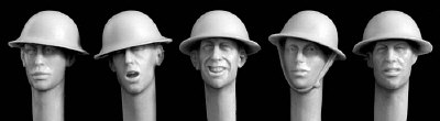 5 Heads wearing British WWI steel helmets also used by USA