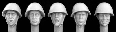5 heads wearing Russian helmets (cast in resin)