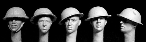 5 heads, Brit. WW1 Brodie steel helmets
