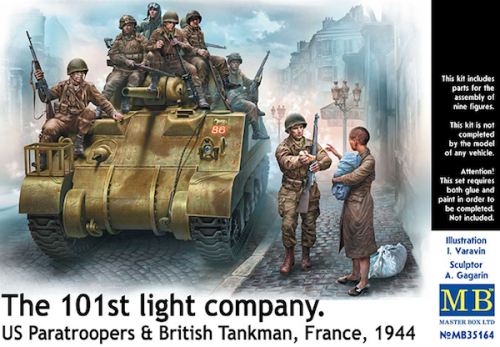 The 101st light company. 7 x U.S. Paratroopers, 1 x British Tankman and 1 x civilian woman carrying a baby