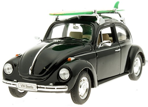 1959 Volkswagen Beetle hard top with Surfboard on top, black